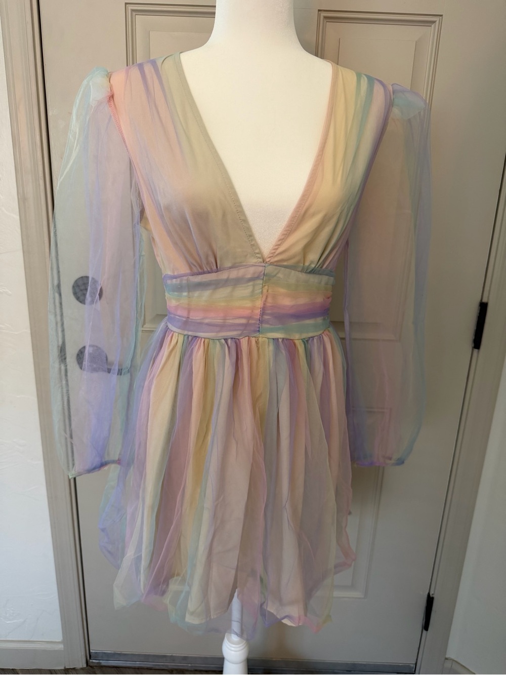 DOUBLE CRAZY rainbow striped mini dress with sheer sleeves- M